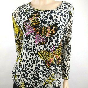 Azi Sheer Butterfly Print Beaded Blouse Large